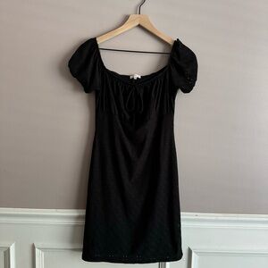 Black Crochet Off the Shoulder BodyCon Mini Dress Tie Milkmaid Medium Whimsygoth